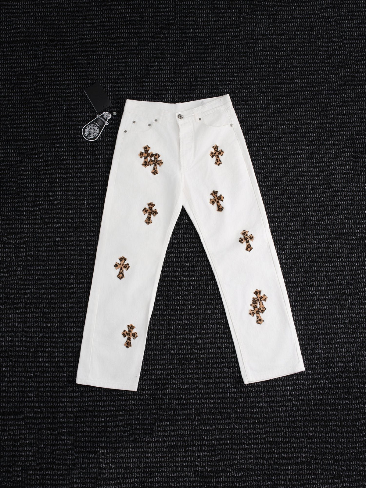 Chrome Hearts Leopard Cross Patch White Jeans — hero